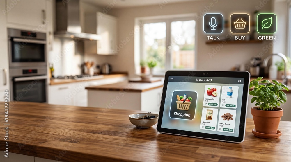Fototapeta premium Smart kitchen tablet with grocery shopping app on wooden countertop