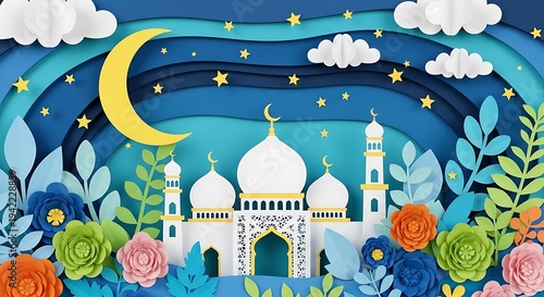 Paper Cut Mosque with Moon and Stars for Islamic Celebration.
