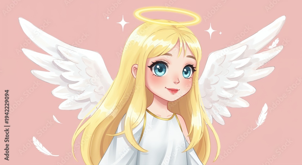 Naklejka premium Serene Angelic Presence: A beautifully illustrated angel, radiating serenity with a celestial halo, luminous wings, and a tender smile.