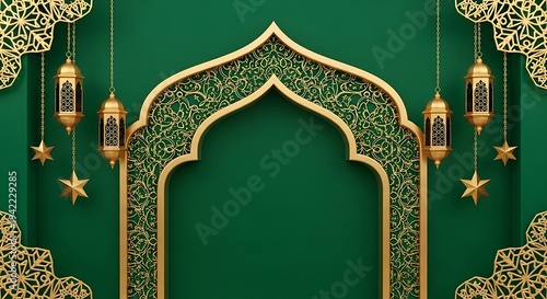 Ramadan Kareem Golden Arch with Lanterns and Stars.