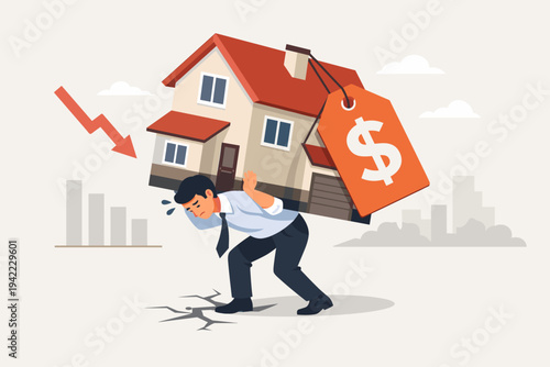 Businessman Struggling to Carry Heavy House with Price Tag, Representing Real Estate Debt, High Mortgage Costs, Financial Burden, Housing Market Crisis, and Overpaying for Property Investment.