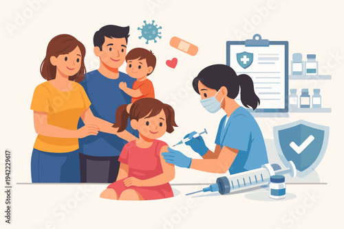Flat Vector Illustration of a Family Getting Vaccinated; Professional Nurse Administering Vaccine Injection to a Young Girl with Parents and Brother Supporting; Healthcare, Immunity, Prevention