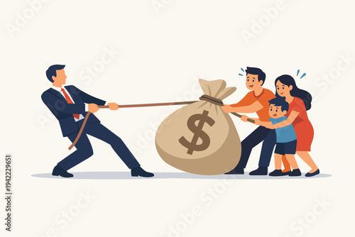 Businessman in a suit pulling a large money bag away from a family in a tug of war, representing financial struggle, corporate greed, economic inequality, taxes, debt, and cost of living crisis.