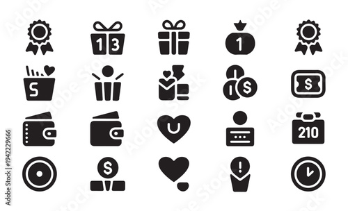 Shopping reward loyalty program icons set including wallet money coins gifts and star badges