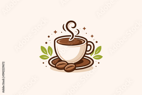 Minimalist vector illustration of a steaming hot coffee cup on a saucer with roasted beans and green leaves, perfect for cafe logos, coffee shop branding, restaurant menus, and beverage designs.