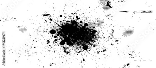 Abstract Black Ink Splatter Grunge Texture with Halftone Dot Details
