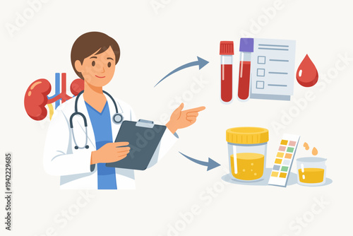 Vector illustration of a professional male doctor urologist ordering blood and urine laboratory tests to check for kidney disease and renal health, featuring medical icons, kidneys, and stethoscope.