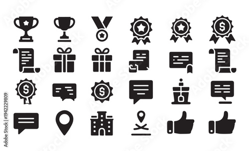 Achievement and reward solid icon set with trophy medals and gift boxes for winning success