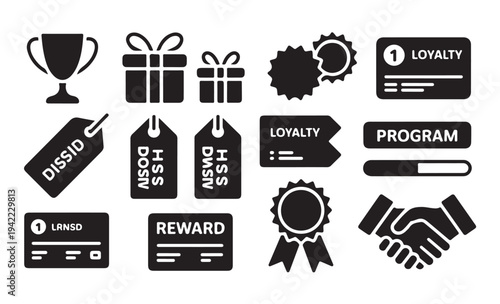 Loyalty and reward program vector icon set featuring gifts, tags, and reward cards