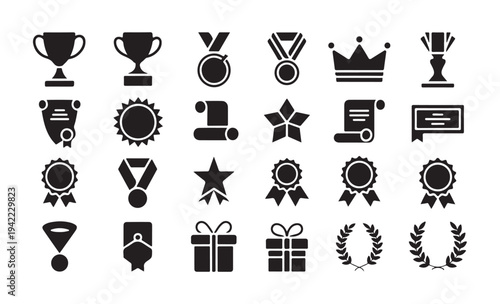 Winning awards and recognition badges collection with laurel wreaths medals and trophy cups