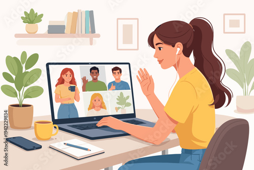 Young woman sitting at a desk having a video conference call on her laptop with friends or colleagues from home, remote work, online meeting, and virtual social connection vector illustration.