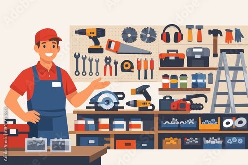 Friendly salesman in a red cap and blue apron standing in a hardware store or tool shop interior with various tools like drills, saws, hammers, and a ladder for DIY home improvement projects.