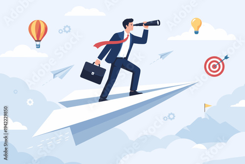 Businessman Flying on a Paper Plane Searching for New Opportunities and Success. Concept of Business Vision, Leadership, and Strategy with Telescope, Light Bulb, Target, and Mountain Peak.