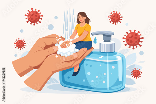 Woman Washing Hands with Soap and Water Sitting on a Large Hand Sanitizer Bottle to Protect Against Coronavirus COVID-19 Infection Outbreak, Concept of Hygiene and Pandemic Prevention Illustration