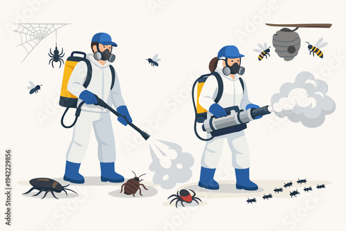 Pest Control Professional Team in Protective Suits and Masks Exterminating Insects with Sprayer and Fogger, Disinfection Service for Cockroaches, Spiders, Ants, Wasps, Bedbugs, and Ticks Vector