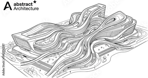 Abstract futuristic architectural concept of a large-scale parametric building featuring fluid ribbon layers, multi-level terraces, and organic urban landscaping.
