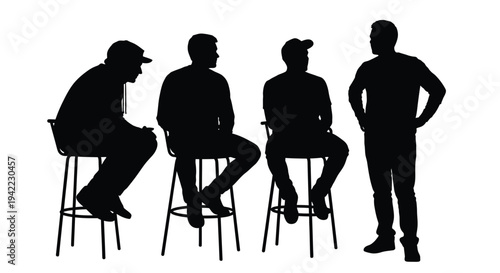 Silhouette graphic illustration of four men interacting one standing while three others sit upon tall bar stools