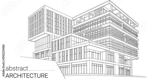 Artistic architectural perspective of a contemporary tiered commercial building featuring a modular louvered facade, stacked geometric volumes, and glass curtain walls.