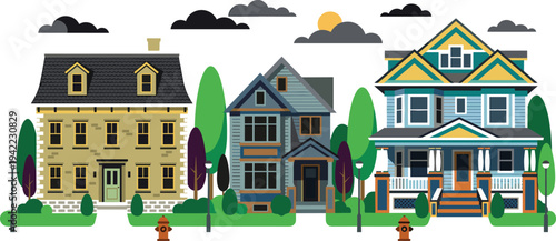 Colorful suburban neighborhood streetscape featuring a variety of residential architectural styles, manicured lawns, and urban landscaping.