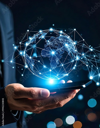 A hand holds a glowing smartphone, displaying a 3D model of Earth connected by a network of lines.  Global connectivity concept