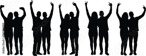 Friends group silhouettes celebrating taking selfie young people raising hands happiness black silhouette isolated on white background lifestyle illustration