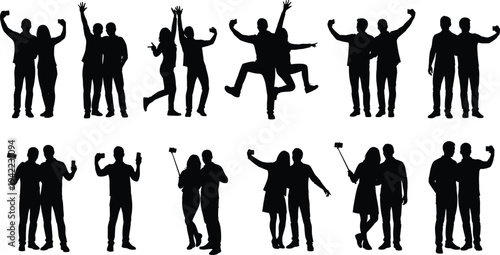 Friends group silhouettes taking selfie celebrating happiness young people posing together black silhouette isolated on white background lifestyle illustration