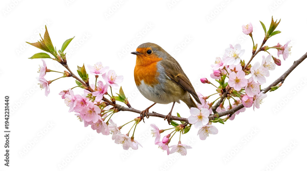 Fototapeta premium European Robin Bird on Sakura Cherry Blossom Branch Isolated Transparent Background