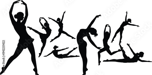Graceful ballet dancer silhouettes collection, elegant female performers in dynamic poses isolated on white background illustration