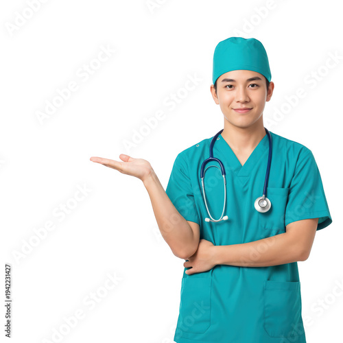 Young Asian Male Nurse in Teal Scrubs Presenting Medical Information on transparent background