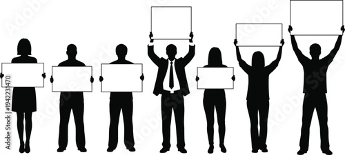 Group of business people holding blank protest banners, silhouette men and women isolated on white background demonstration concept