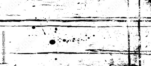 Black and white grunge texture with horizontal brush strokes and scattered ink splatters Distressed monochrome background overlay