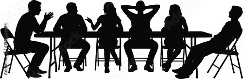 Group discussion silhouettes at conference table, diverse team debating ideas, communication dynamics showing engagement, disagreement, collaboration in workplace meeting