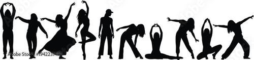 Group of dancers silhouettes performing modern dance poses, expressive body movement and artistic performance isolated on white background illustration