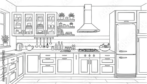 Detailed technical elevation of a transitional L-shaped kitchen featuring glass-front cabinets, retro refrigerator, and integrated gas cooktop.