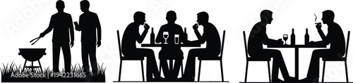 Friends dining and barbecue silhouettes, men cooking grilling and talking at restaurant table isolated on white background