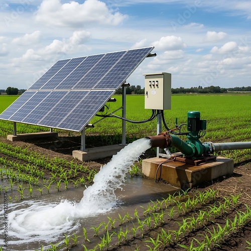 Illustration of solar panel irrigation system watering crops in a green field with a blue sky