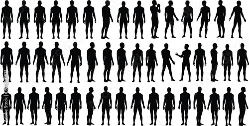 Male human body silhouette collection, standing walking poses set, muscular man figure vector illustration isolated on white background