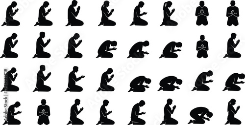 People praying silhouettes collection, men and women kneeling in prayer and worship poses, spiritual religious vector illustration set