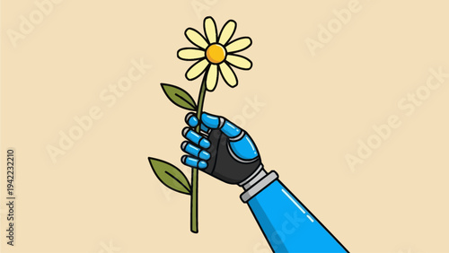 A sleek robotic arm gently presents a blooming daisy, symbolizing the harmonious convergence and delicate interaction between artificial intelligence and the natural world