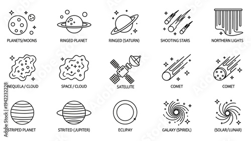 Collection of Astronomical Objects and Celestial Phenomena Icons Representing Space Exploration and Astronomy