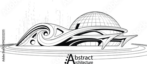 Futuristic architectural sketch of parametric wave pavilion with geodesic dome and organic fluid curves on circular plaza