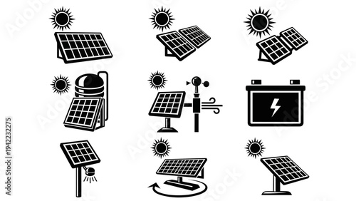 Collection of solar panel icons, representing renewable energy and sustainable power generation systems