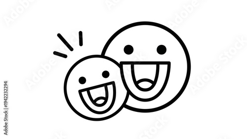 Two happy smiley faces laughing together with mouths open wide, symbolizing joy and amusement in a simple outline graphic