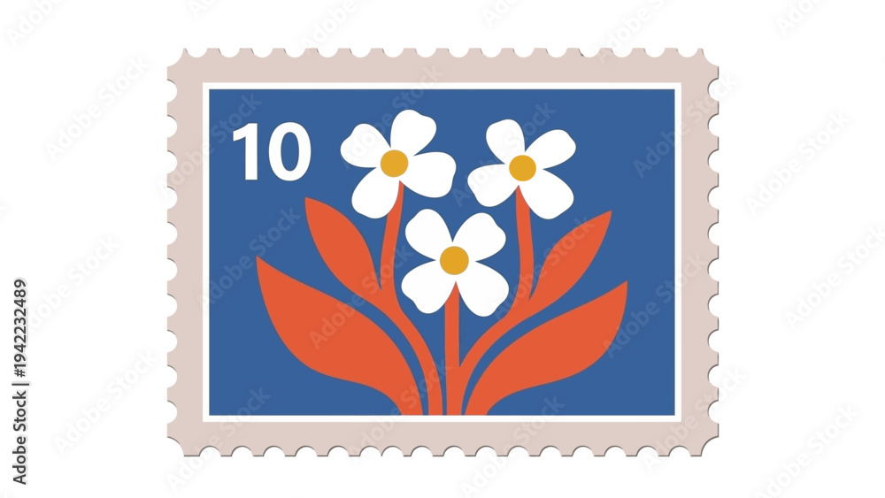 Fototapeta premium Charming retro postage stamp concept showcasing stylized white flowers and vibrant red foliage on a deep blue background, representing natural beauty, artistic design, and nostalgic communication