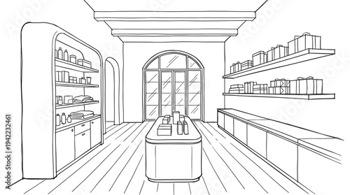 High-end beauty boutique and gift showroom featuring a central display island, arched wall niches, and floating shelves in a clean architectural sketch.