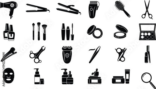 Beauty salon tools and cosmetics silhouette vector set including hair dryer, scissors, brushes, makeup kit and skincare products isolated for hairstyling and cosmetology design