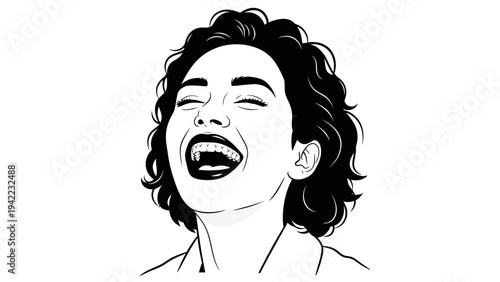 Joyful young woman with curly hair, laughing heartily with eyes closed and mouth wide open, captured in a striking black and white illustration