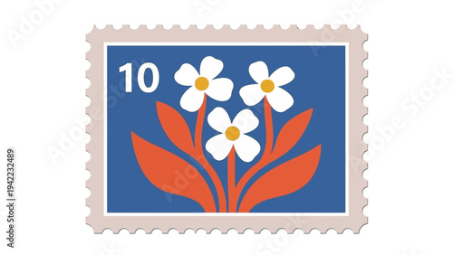 Charming retro postage stamp concept showcasing stylized white flowers and vibrant red foliage on a deep blue background, representing natural beauty, artistic design, and nostalgic communication