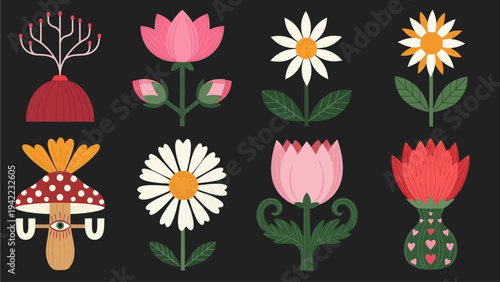 Collection of Stylized Flowers and Mushroom Illustrations on Black Background