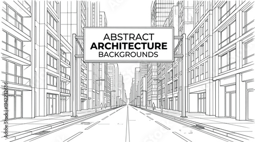 Immersive street-level perspective of a modern urban canyon featuring symmetrical contemporary buildings, detailed storefronts, and a central roadway with a gantry sign.